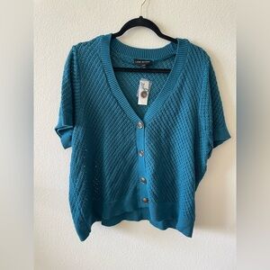Lane Bryant teal blue button up crochet v neck t shirt sweater blouse